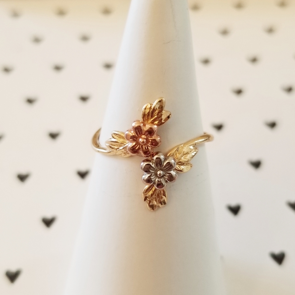 10K Gold Floral Tri Color Bypass Ring - Picture 1 of 12